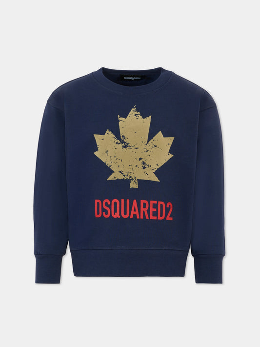 Felpa blu per bambino con foglia d'acero,Dsquared2,DQ3005-D00ZF-DQ864