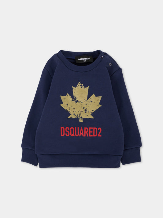 Felpa blu per neonato con logo e foglia d'acero,Dsquared2,DQ3096-D00ZF-DQ864