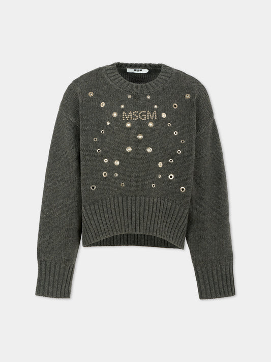 Maglione grigio per bambina con logo e borchie,Msgm Kids,F5MSJGJP037 104