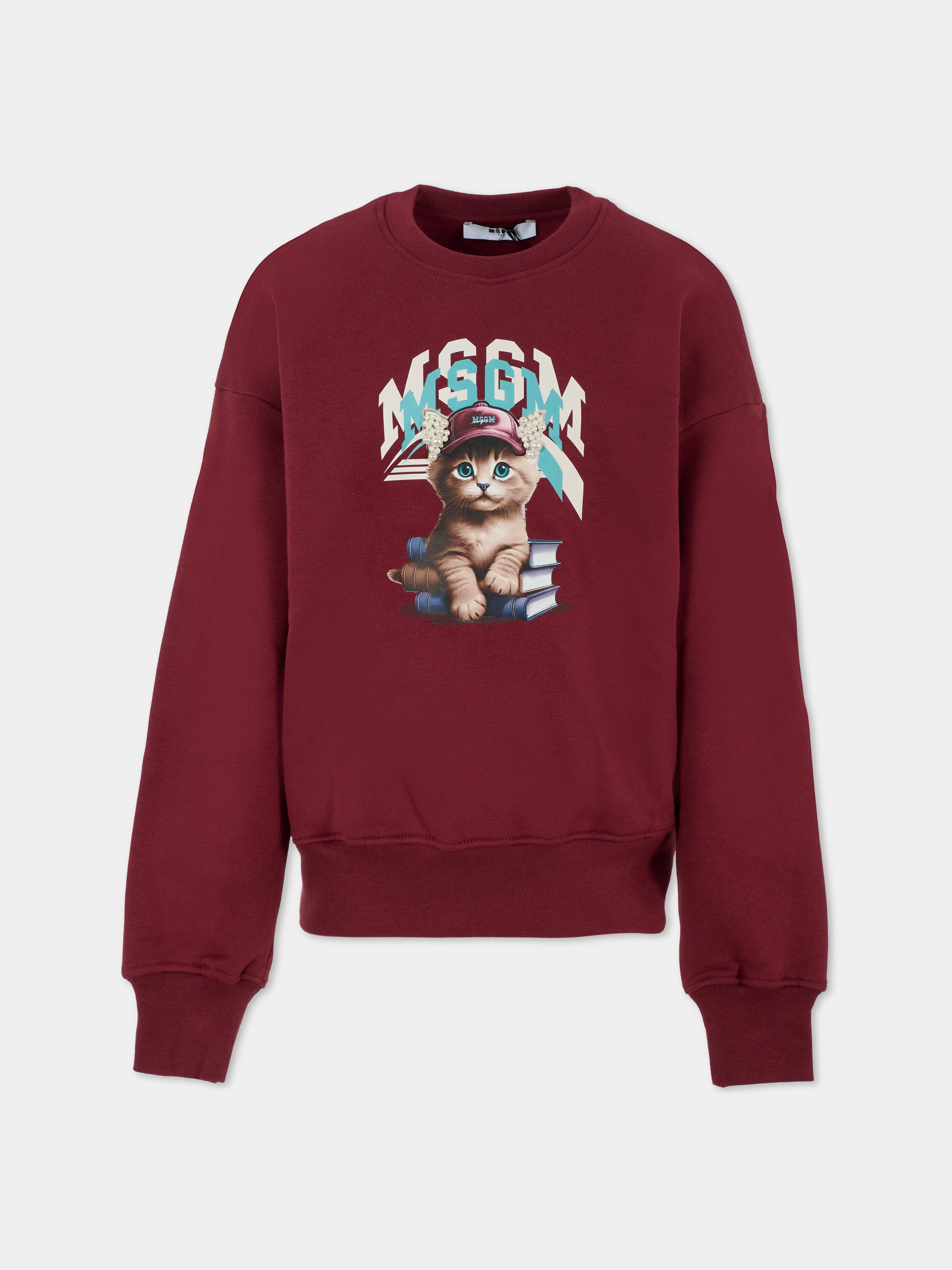 Felpa bordeaux per bambina con gatto,Msgm Kids,F5MSJGSW125 MS034