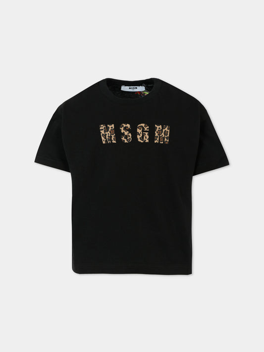T-shirt nera per bambina con logo animalier,Msgm Kids,F5MSJGTH141 MS068