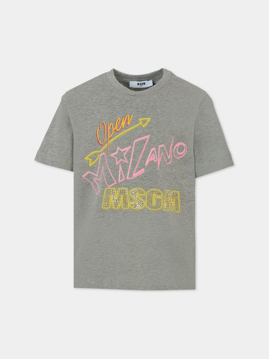 T-shirt grigia per bambina con logo e borchie,Msgm Kids,F5MSJGTH154 104