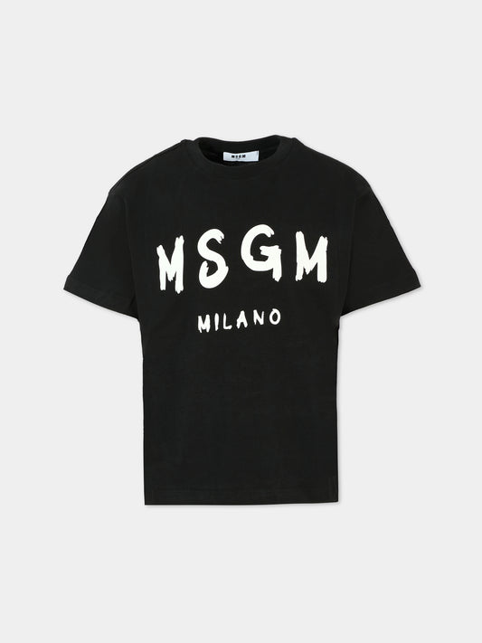 T-shirt nera per bambini con logo bianco,Msgm Kids,F5MSJUTH007 110