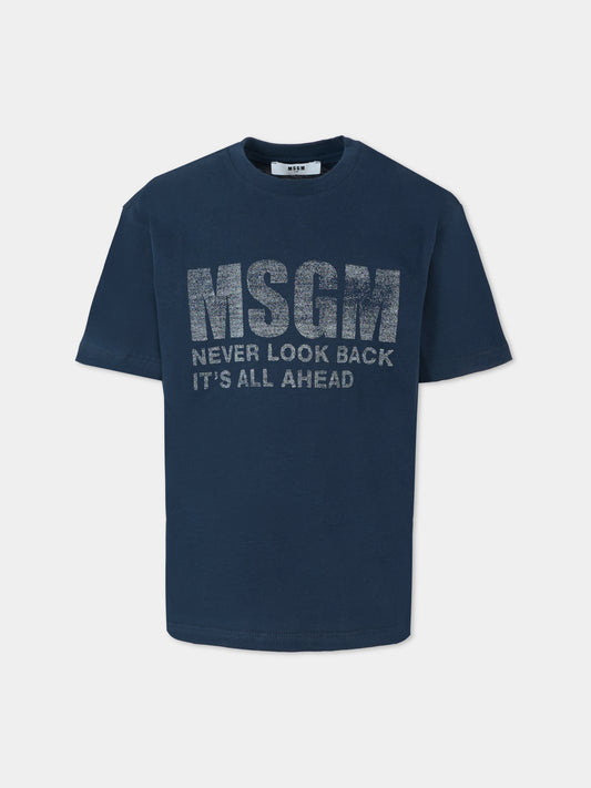 T-shirt blu per bambini con logo,Msgm Kids,F5MSJUTH087 MS032