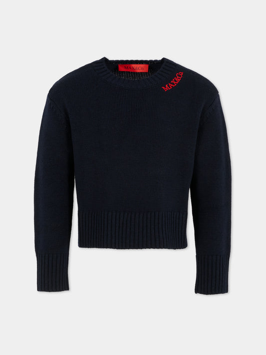 Maglione blu per bambina con logo,Max&co,MX0251-MX043-MX853