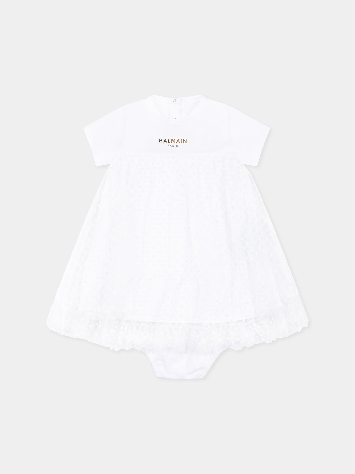 Vestito bianco per neonata con logo e pois,Balmain Kids,BU1041 J0177 100OR