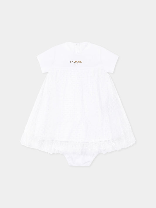 Vestito bianco per neonata con logo e pois,Balmain Kids,BU1041 J0177 100OR