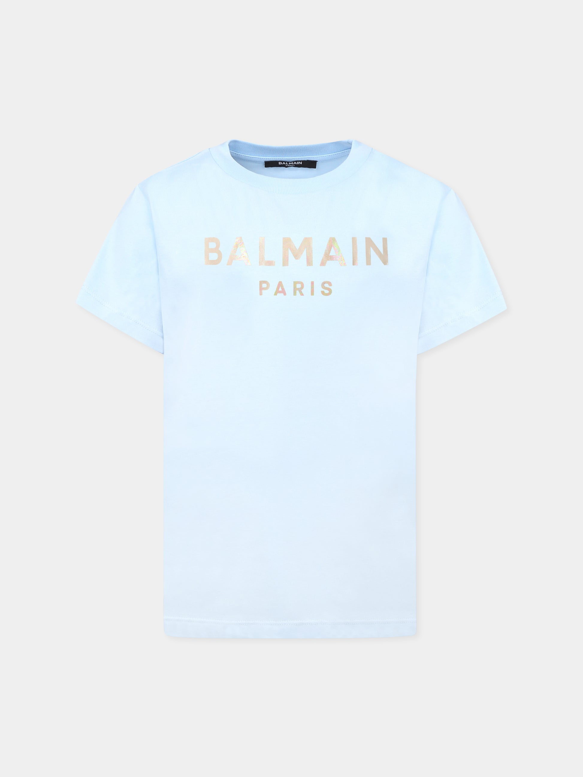 T-shirt celeste per bambina con logo,Balmain Kids,BU8A31 Z1751 684