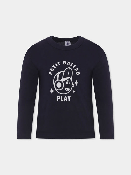 T-shirt blu per bambino con logo e stampa,Petit Bateau,A0BJK 05