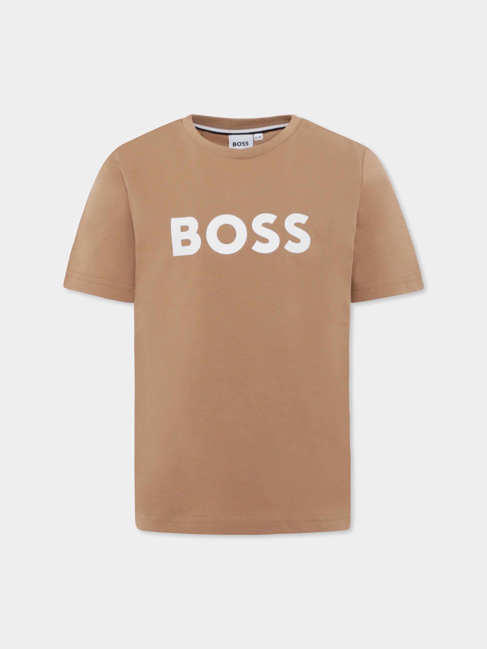 T-shirt marrone per bambino con logo,Boss,J50718 269