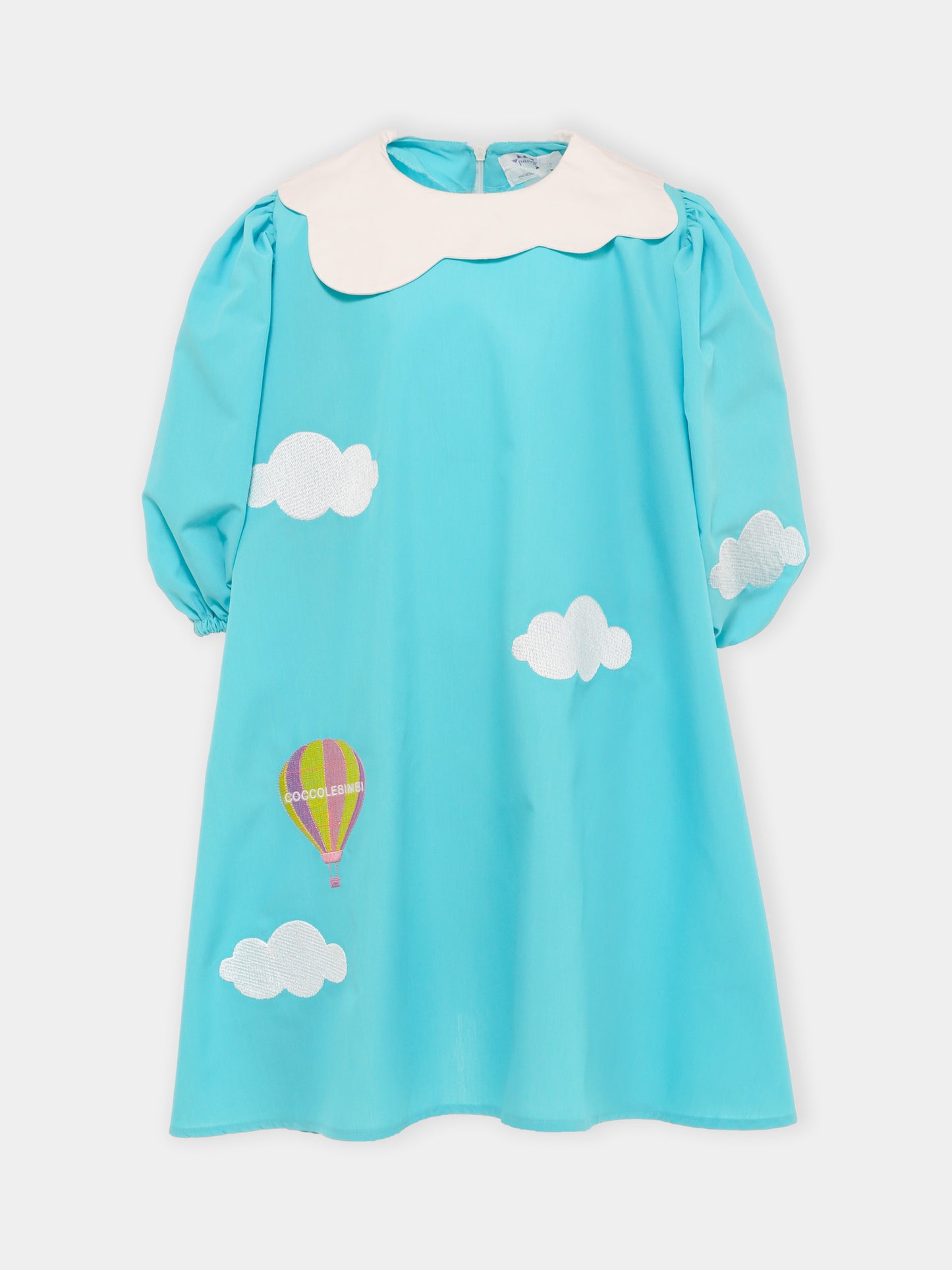 Light blue dress for girl with clouds and hot air balloon