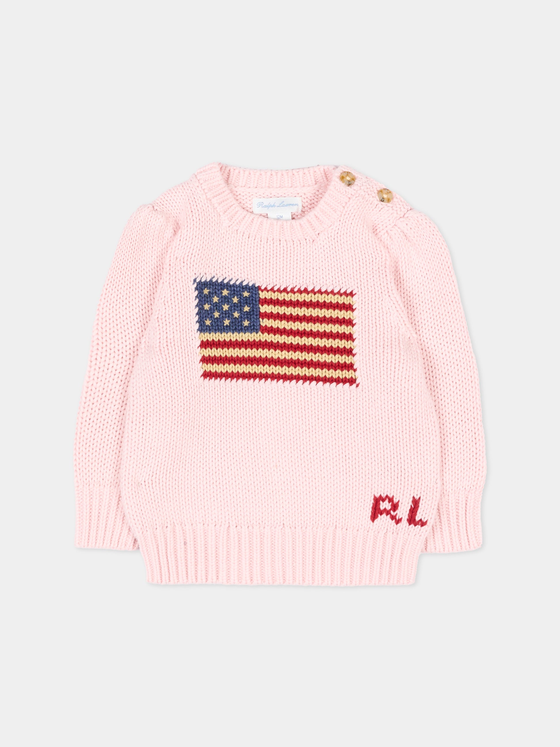 Maglione rosa per neonata con bandiera,Ralph Lauren Kids,668609003