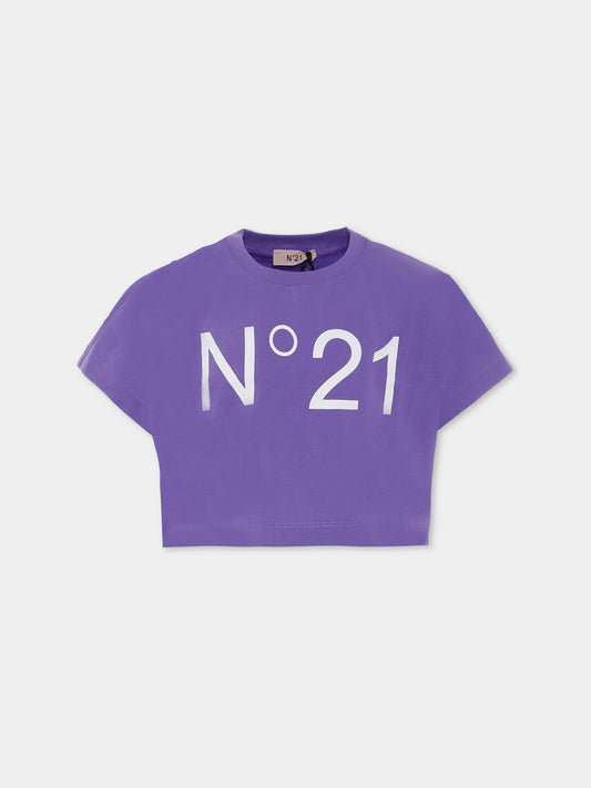 T-shirt crop viola per bambina con logo,N°21 Kids,N21558 N0153 0N602
