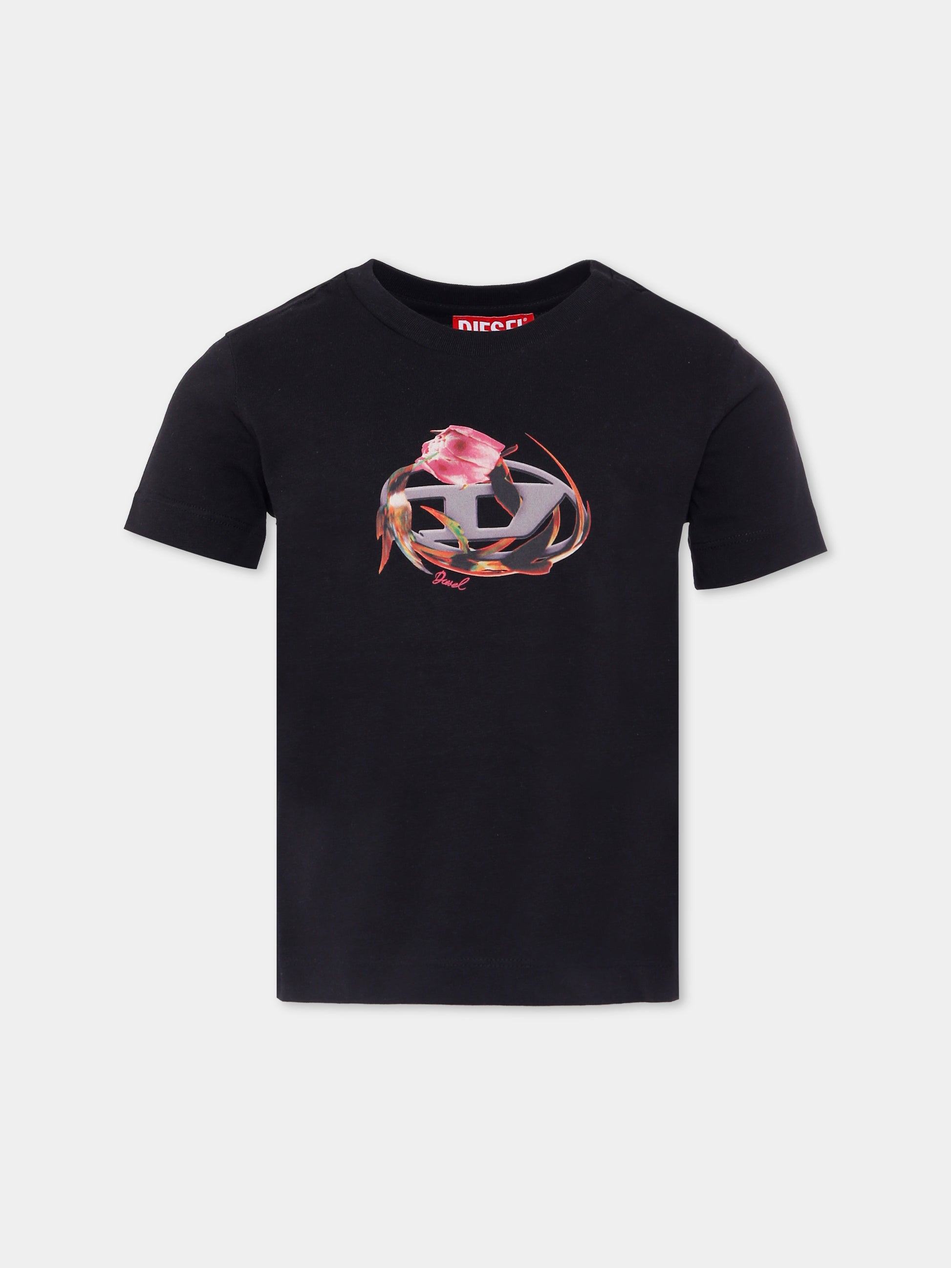 T-shirt nera per bambina con logo e stampa rosa,Diesel,J01978 0CATM K900