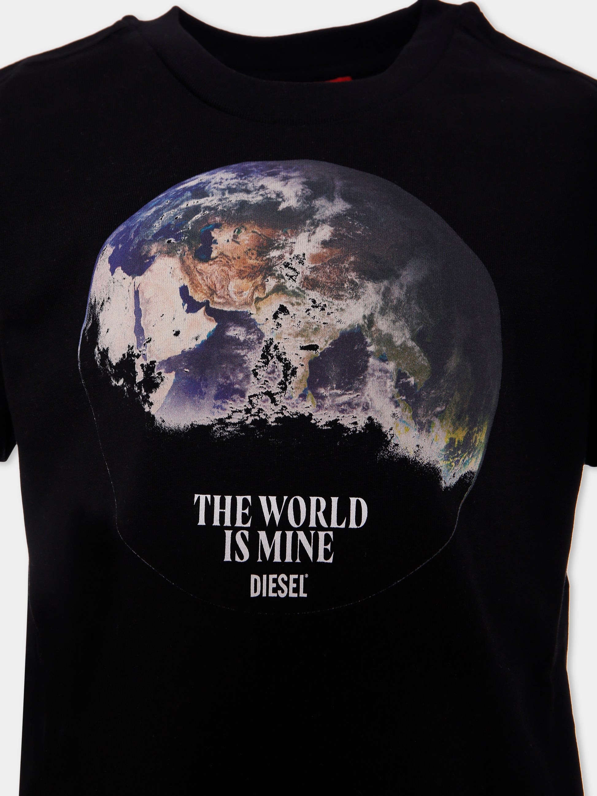 T-shirt nera per bambino con stampa mondo e logo,Diesel,J02000 0CATM K900