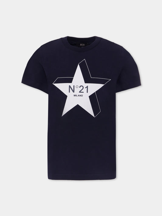 T-shirt blu per bambino con stella e logo,N°21 Kids,N21952 N0199 0N821