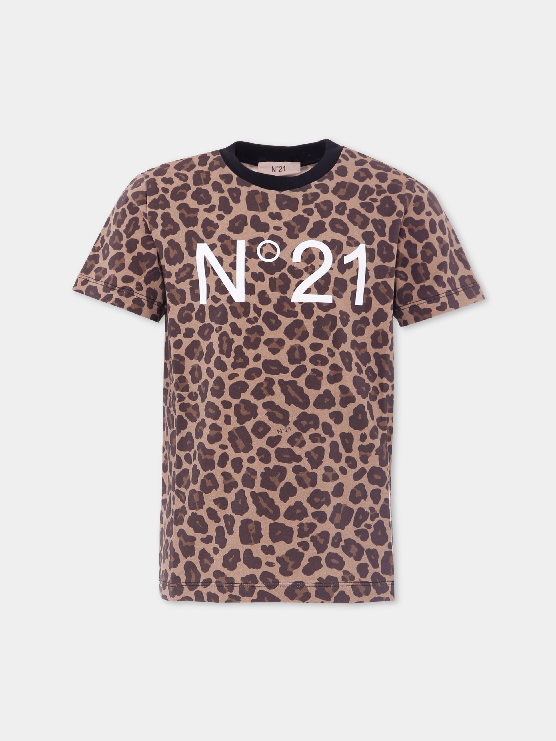 T-shirt marrone per bambina con stampa maculata,N°21 Kids,N21A20 N0362 0N717