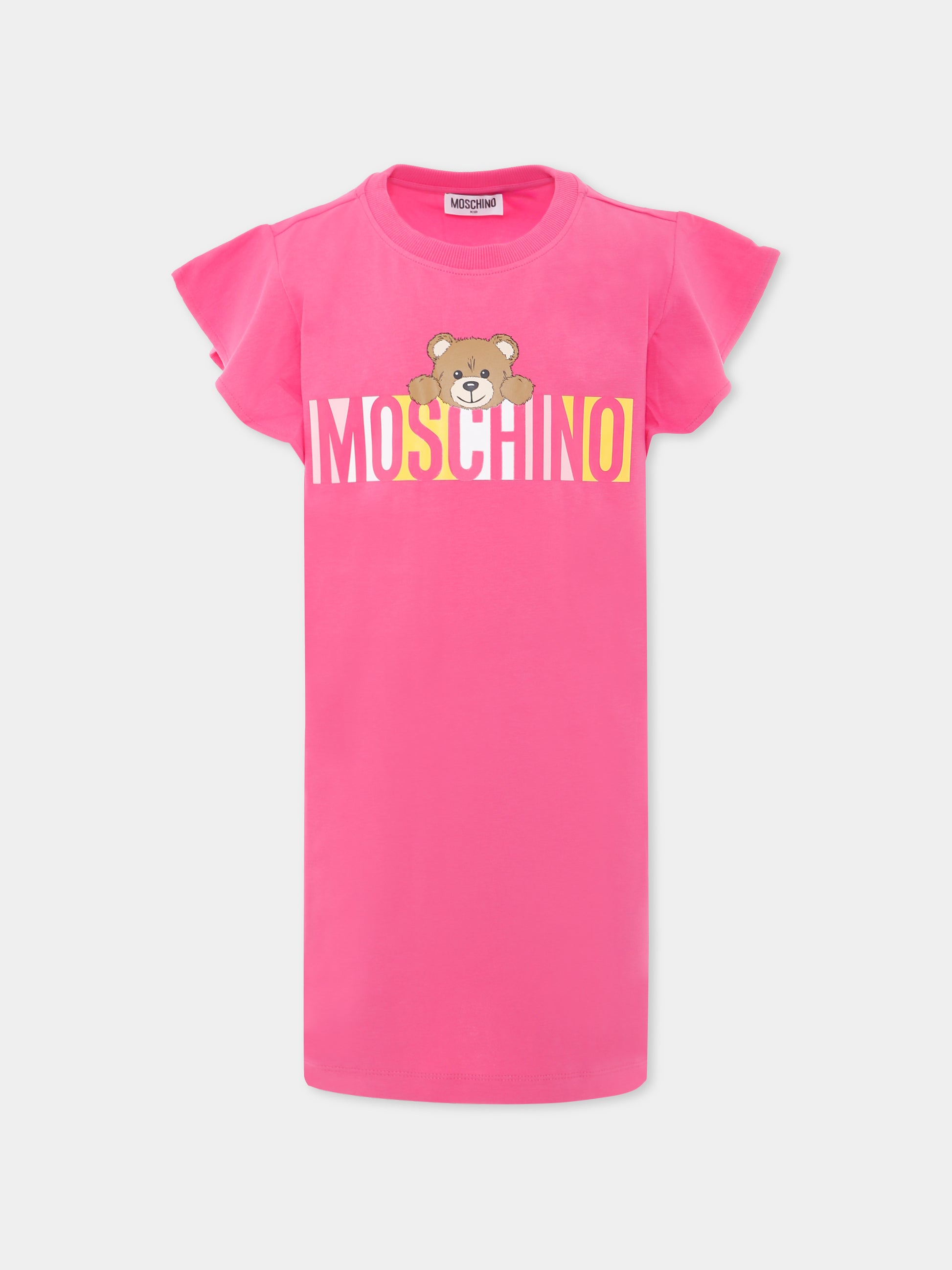 Vestito fucsia per bambina con Teddy Bear e logo,Moschino Kids,HDV0G8 LBA00 50533