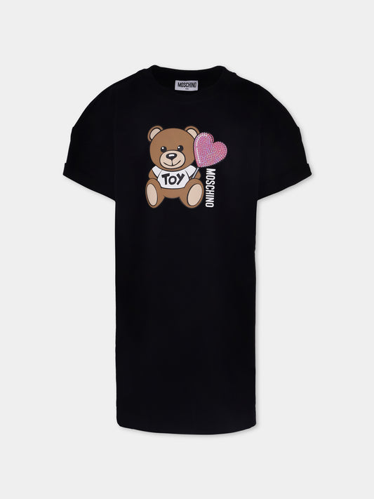 Vestito nero per bambina con Teddy Bear e cuore,Moschino Kids,HDV0G9 LAA40 60100