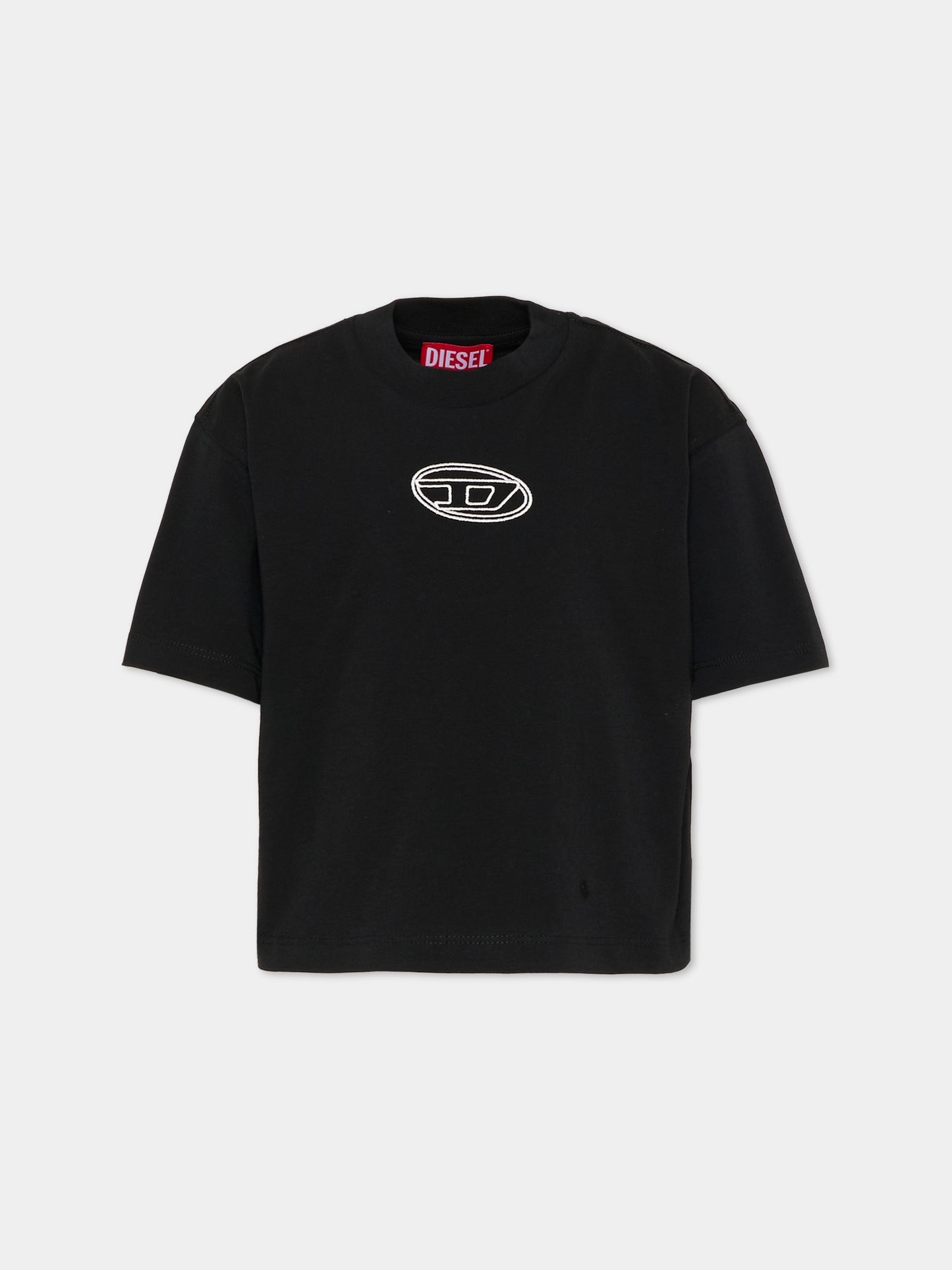T-shirt crop nera per bambina con logo ricamato,Diesel,J02428 00YI9 K900