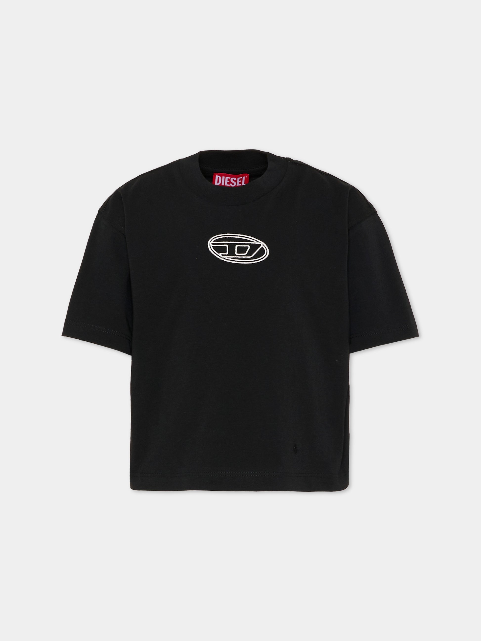 T-shirt crop nera per bambina con logo ricamato,Diesel,J02428 00YI9 K900