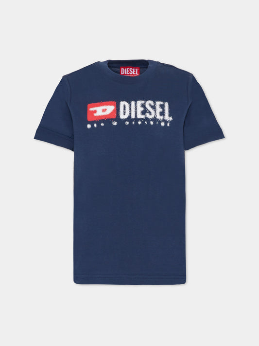 T-shirt blu per bambini con logo,Diesel,J02475 00YI9 K8AT