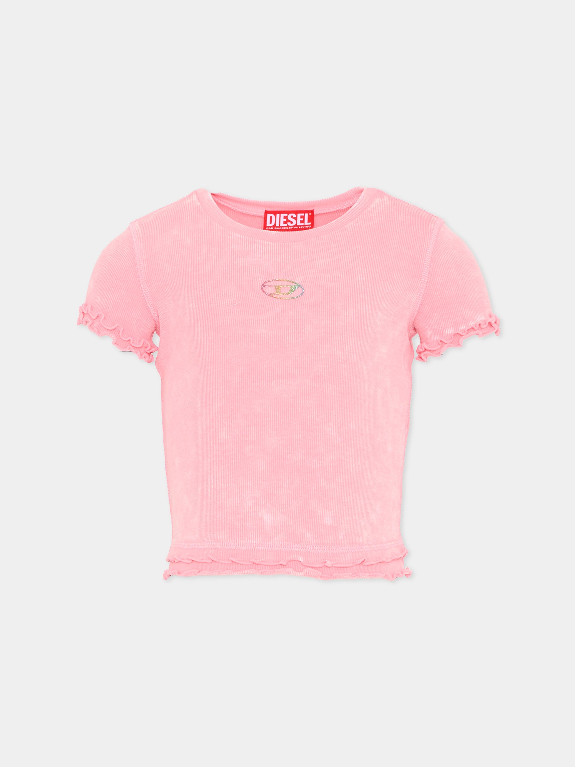T-Shirt rosa per bambina con logo,Diesel,J02579 KYA0E K333