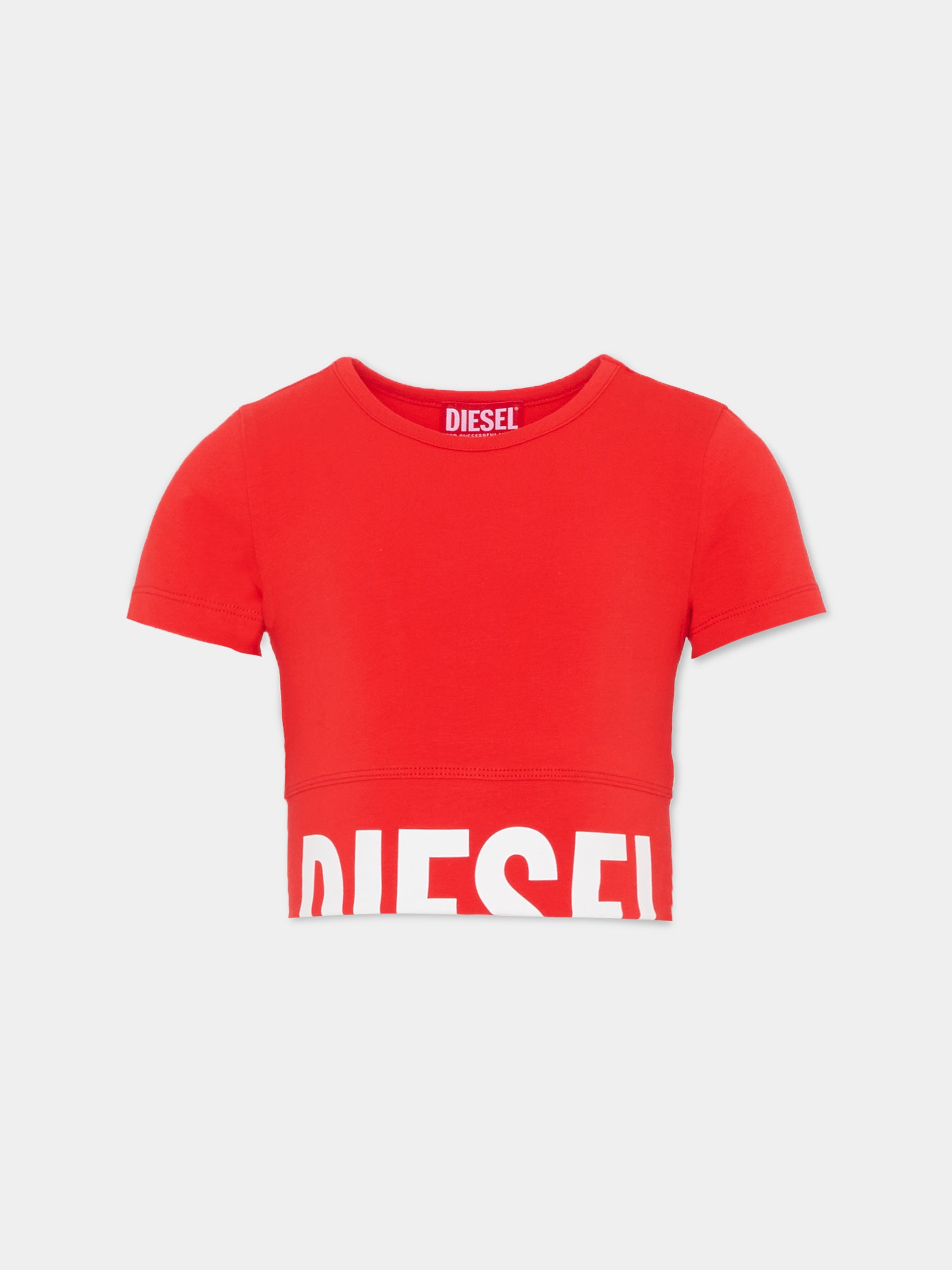 T-shirt crop rossa per bambina con logo,Diesel,J02581 KYA0L K405