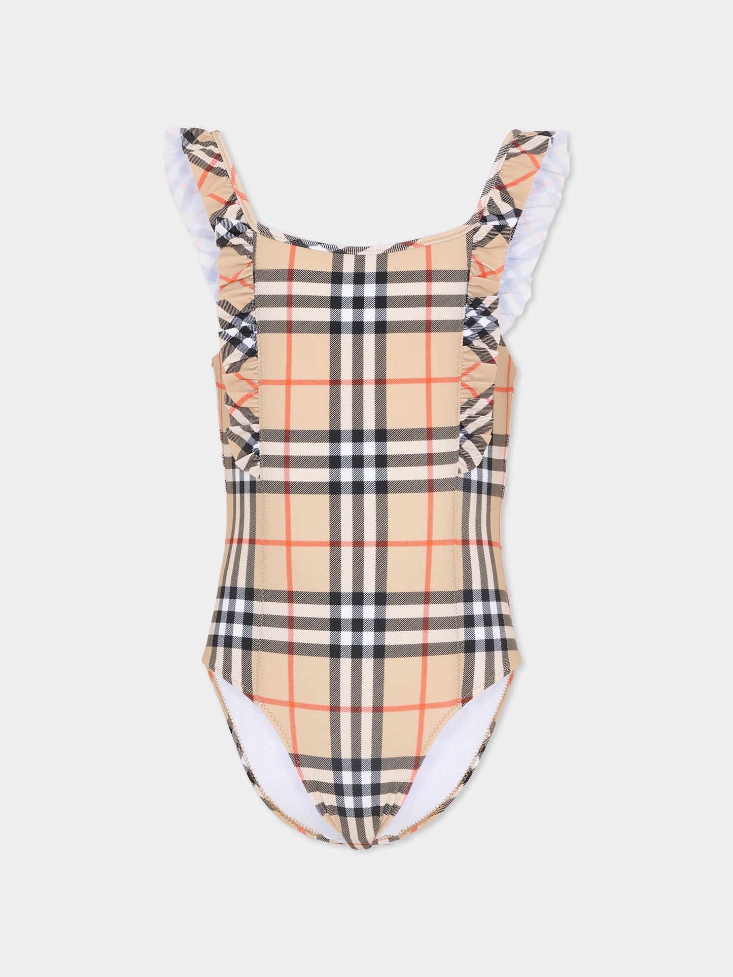 Costume intero beige per bambina con check vintage,Burberry Kids,8117157 B9368