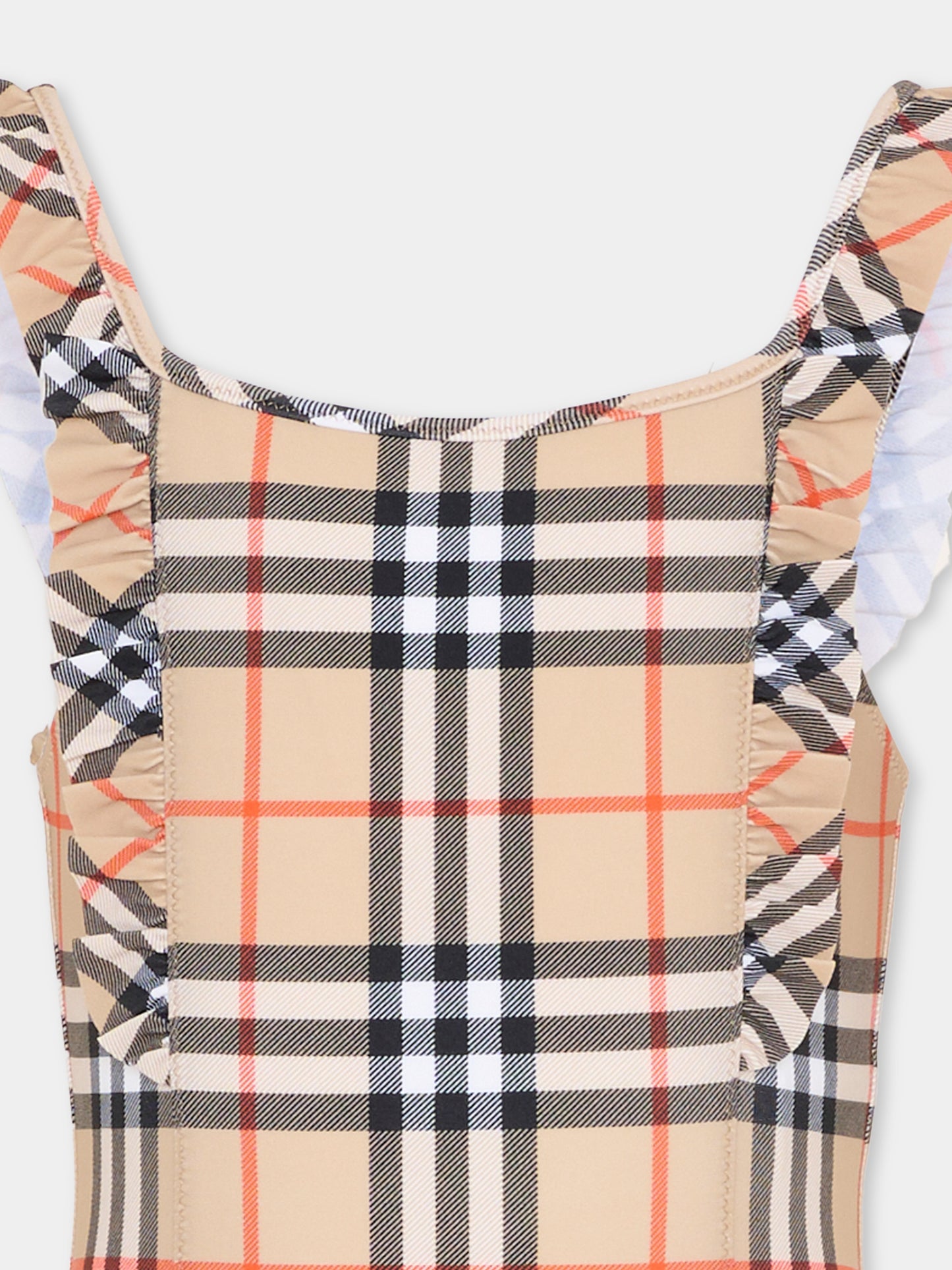 Costume intero beige per bambina con check vintage,Burberry Kids,8117157 B9368