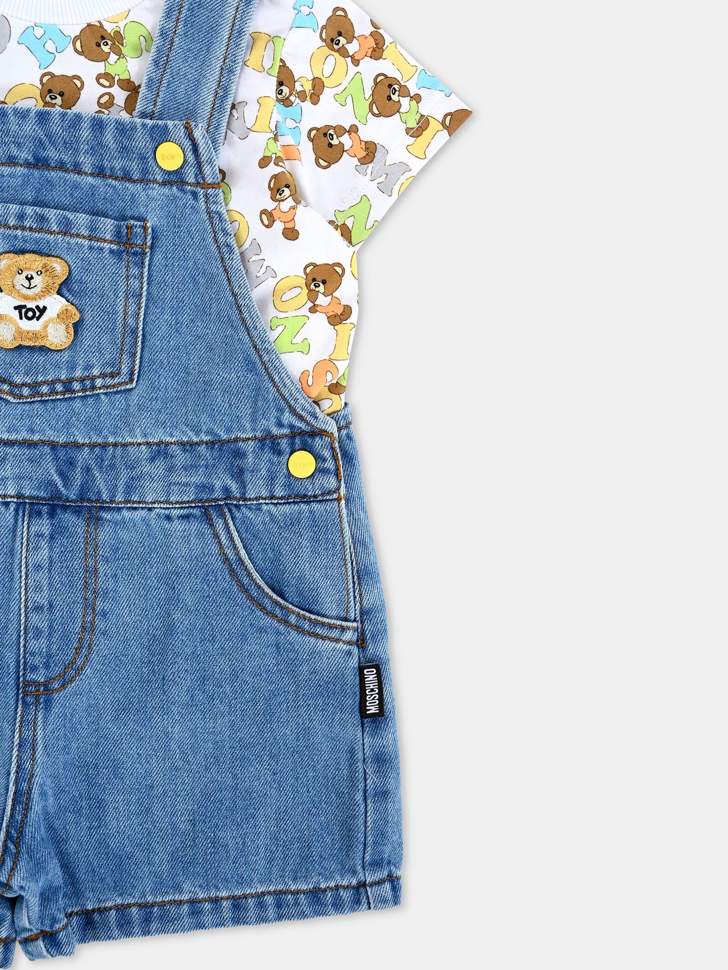 Salopette denim per neonato con Teddy Bear all over,Moschino Kids,MUG01B L0E34 41041