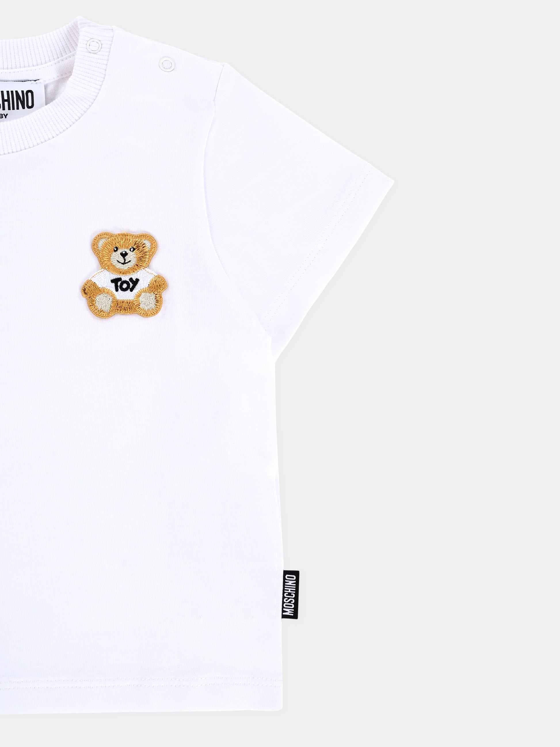 T-shirt bianca per neonati con patch Teddy Bear,Moschino Kids,MUM045 LAA24 10101
