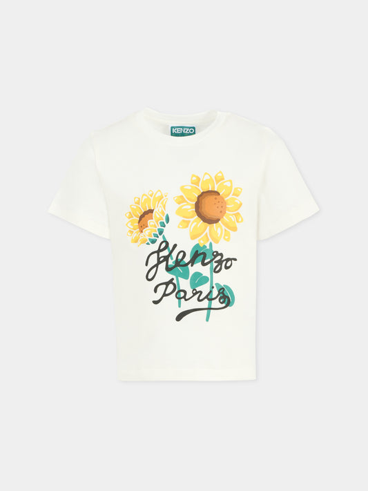 T-shirt avorio per bambina con girasole,Kenzo Kids,K61108 117