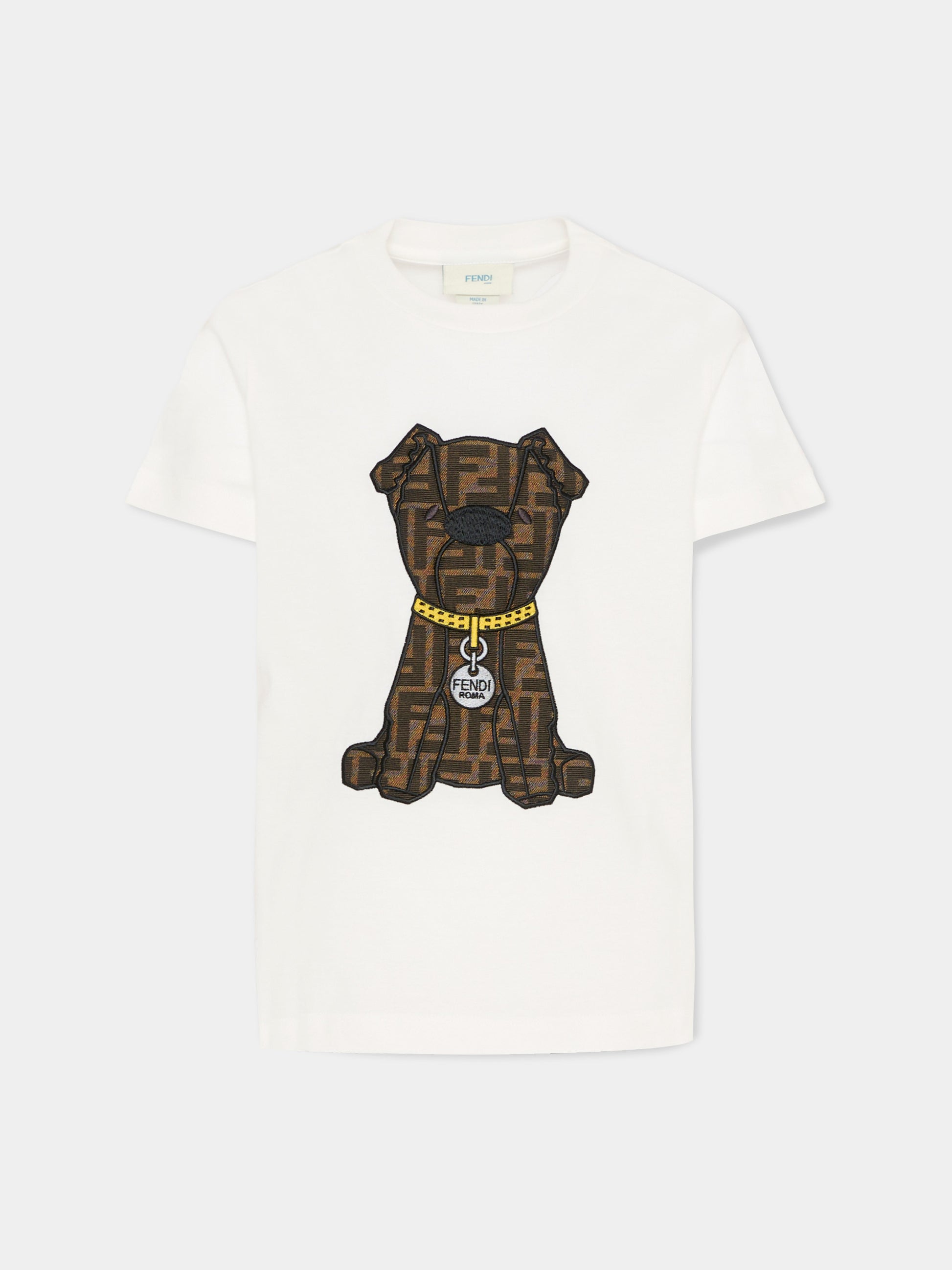 T-shirt avorio per bambini con cane Fendi,Fendi Kids,JMI503 7AJ F0TU9