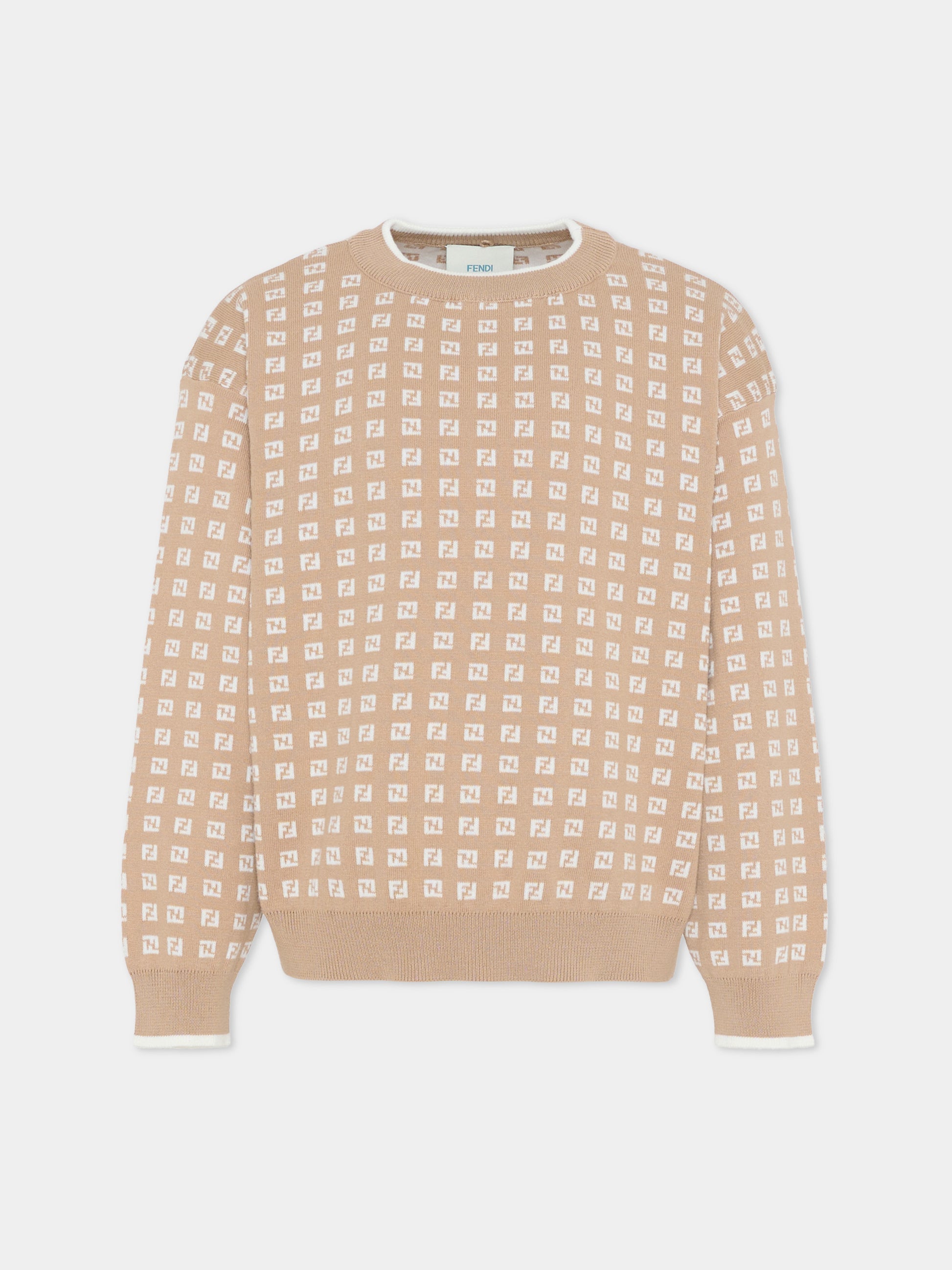 Maglione beige per bambini con FF,Fendi Kids,JUG205 AYMY F1UCS
