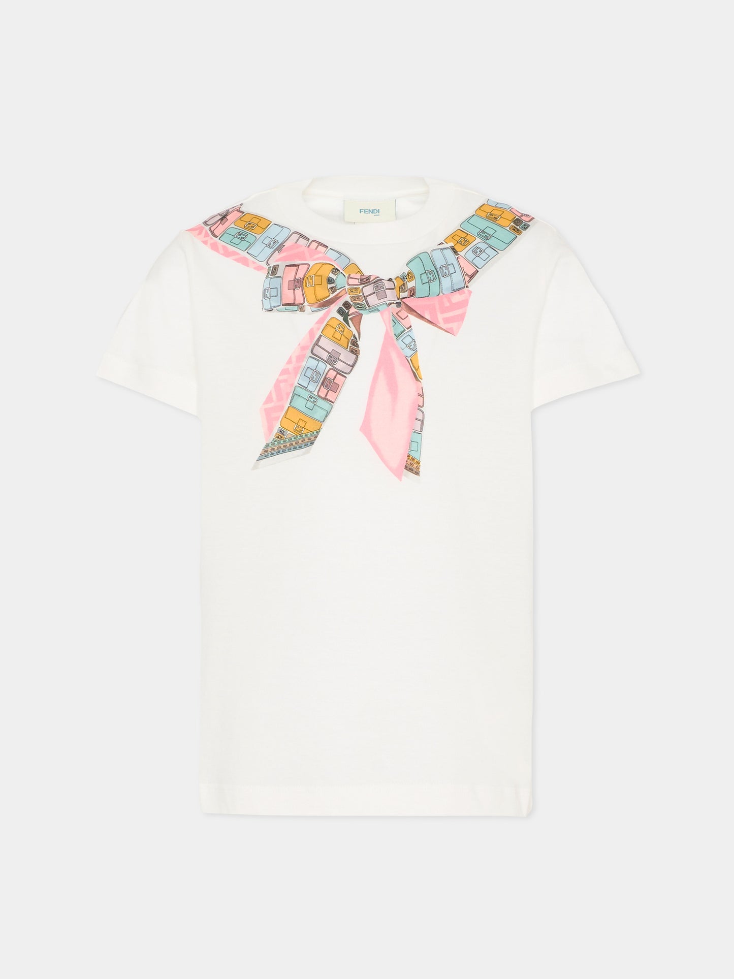 T-shirt avorio per bambina con stampa fiocco,Fendi Kids,JFI391 7AJ F0TU9