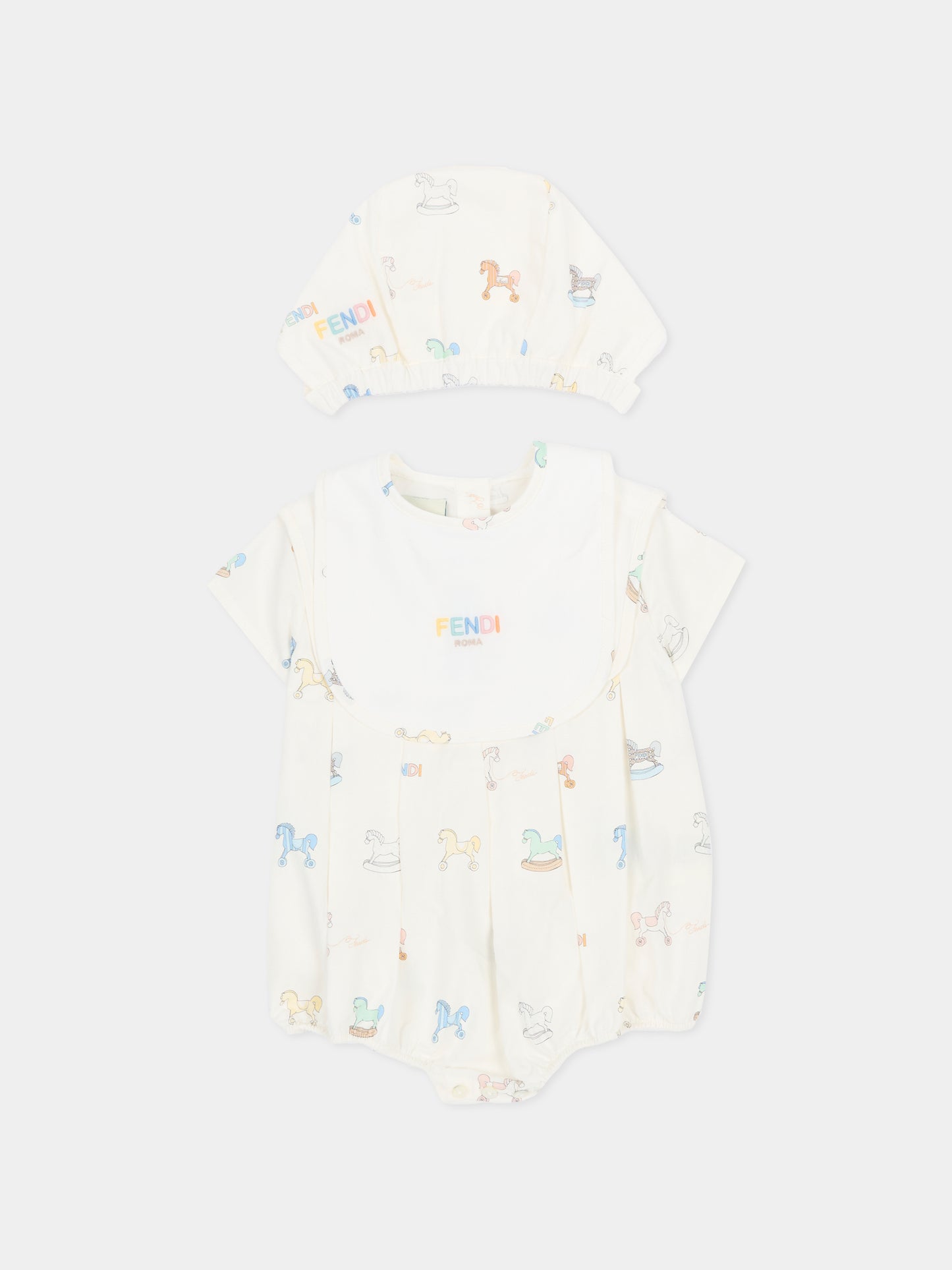Set pagliaccetto avorio per neonati con cavallo a dondolo,Fendi Kids,BUK159 AVW9 F0ZA0