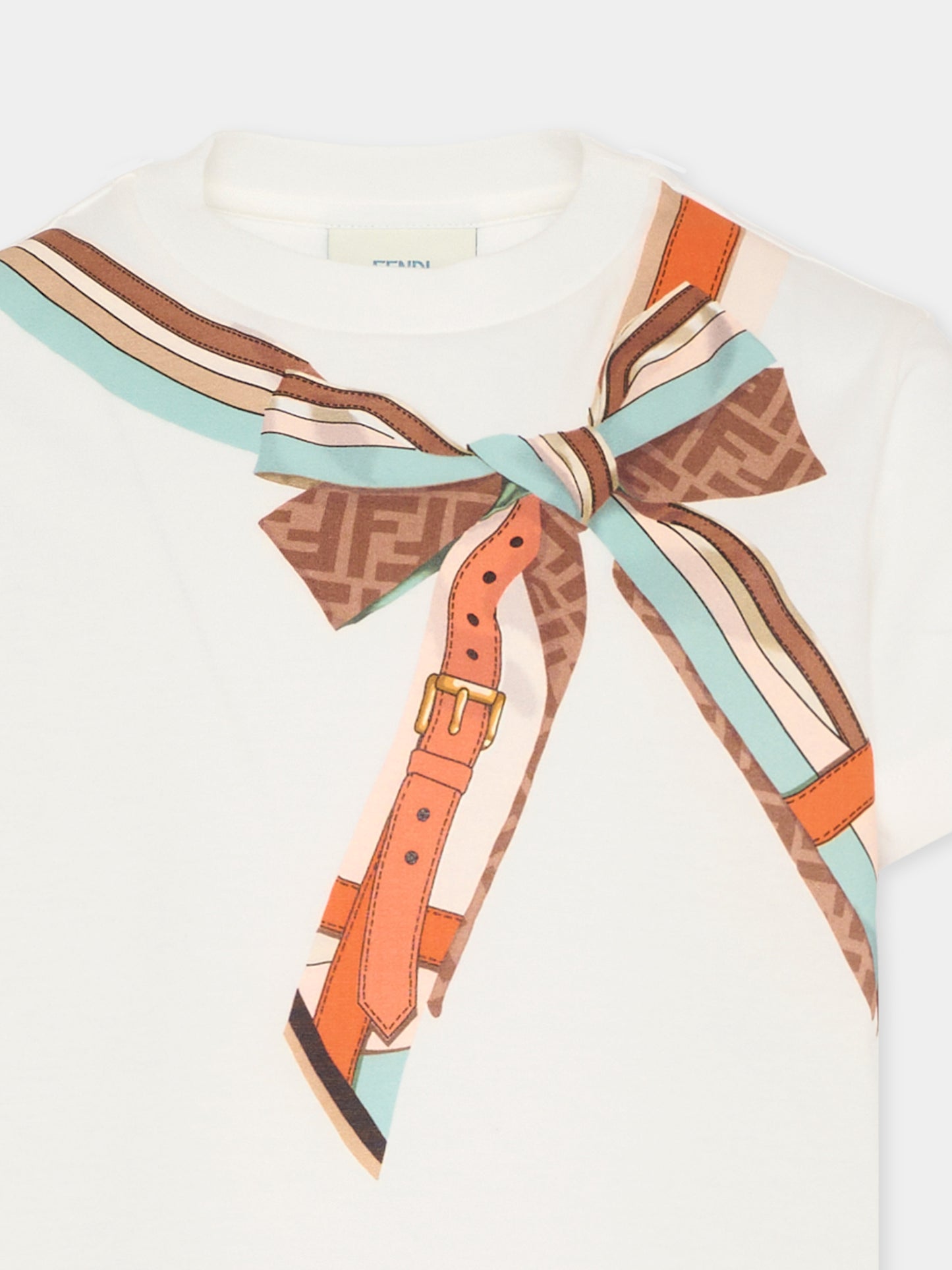 T-shirt avorio per bambina con stampa fiocco,Fendi Kids,JFI400 7AJ F0TU9