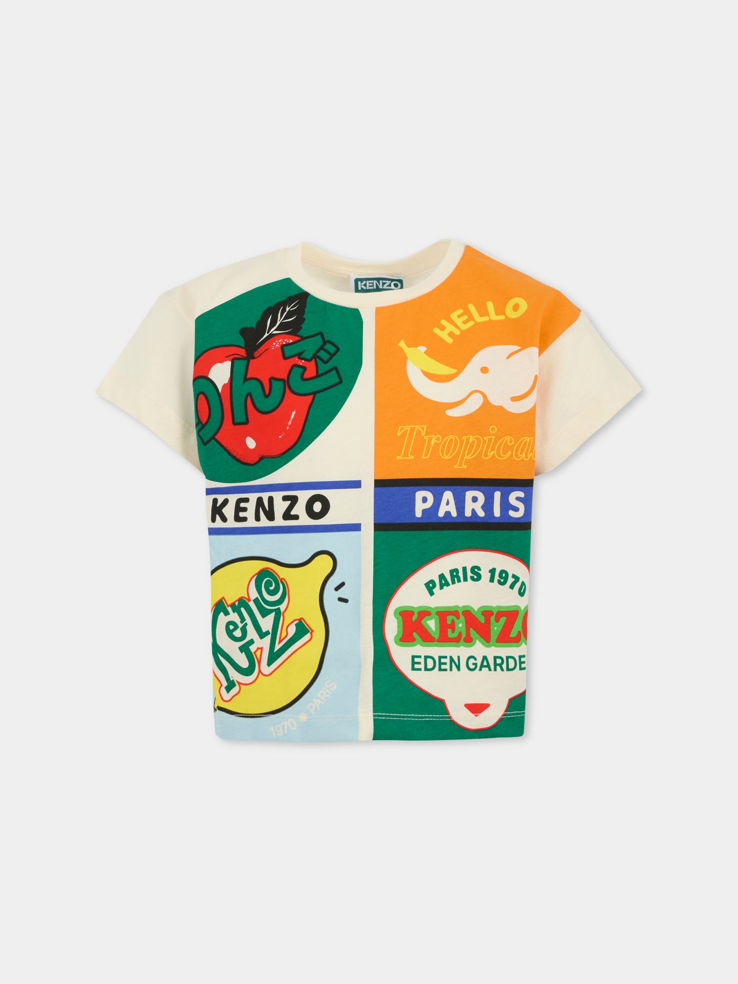 T-shirt beige per bambino con frutta,Kenzo Kids,K61068 21G