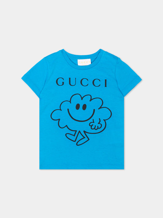 T-shirt celeste per neonato con stampa,Gucci Kids,834576 XJHPY 4071