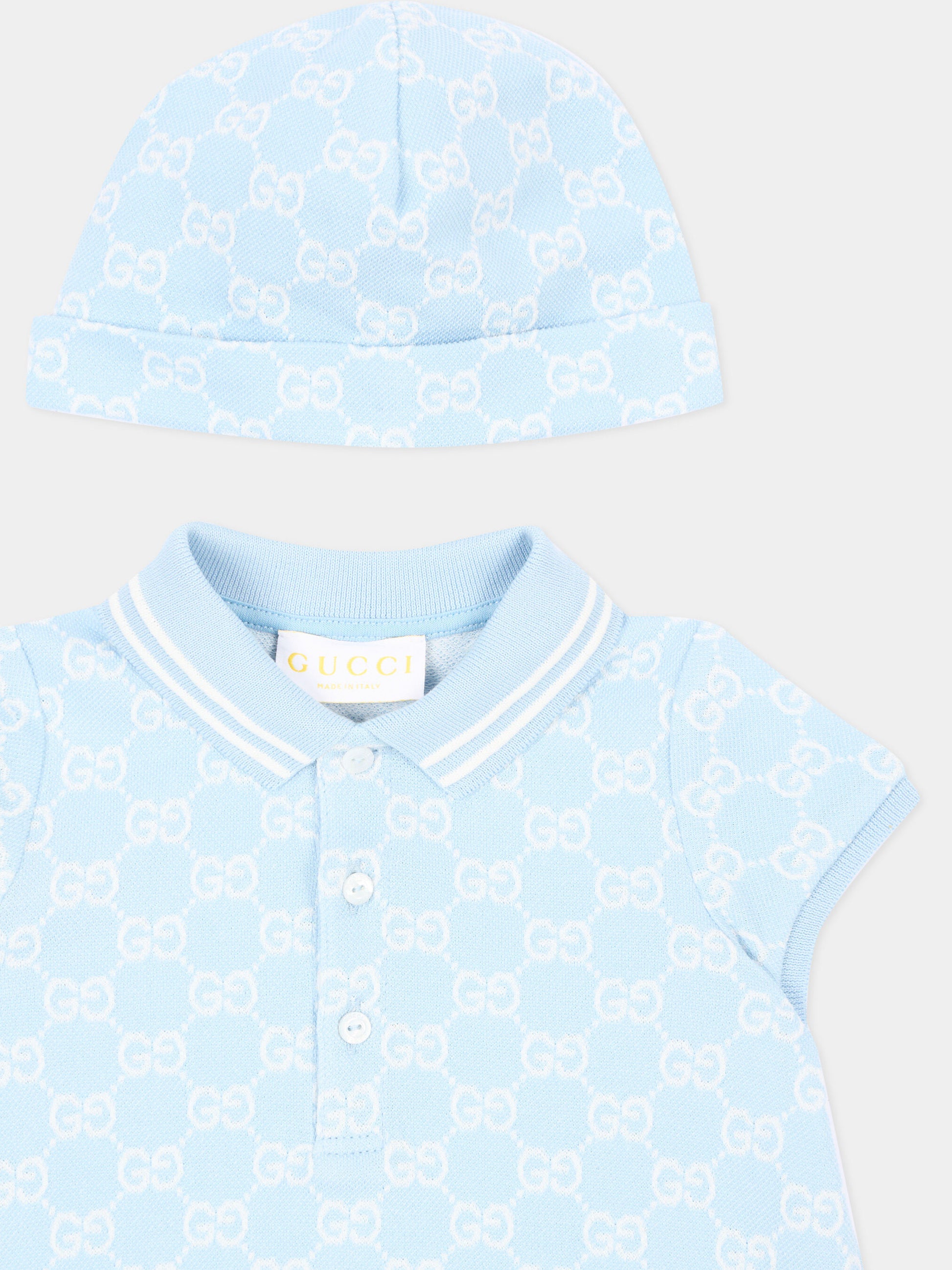 Pagliaccetto celeste per neonato con monogram,Gucci Kids,849683 XJHBA 4914