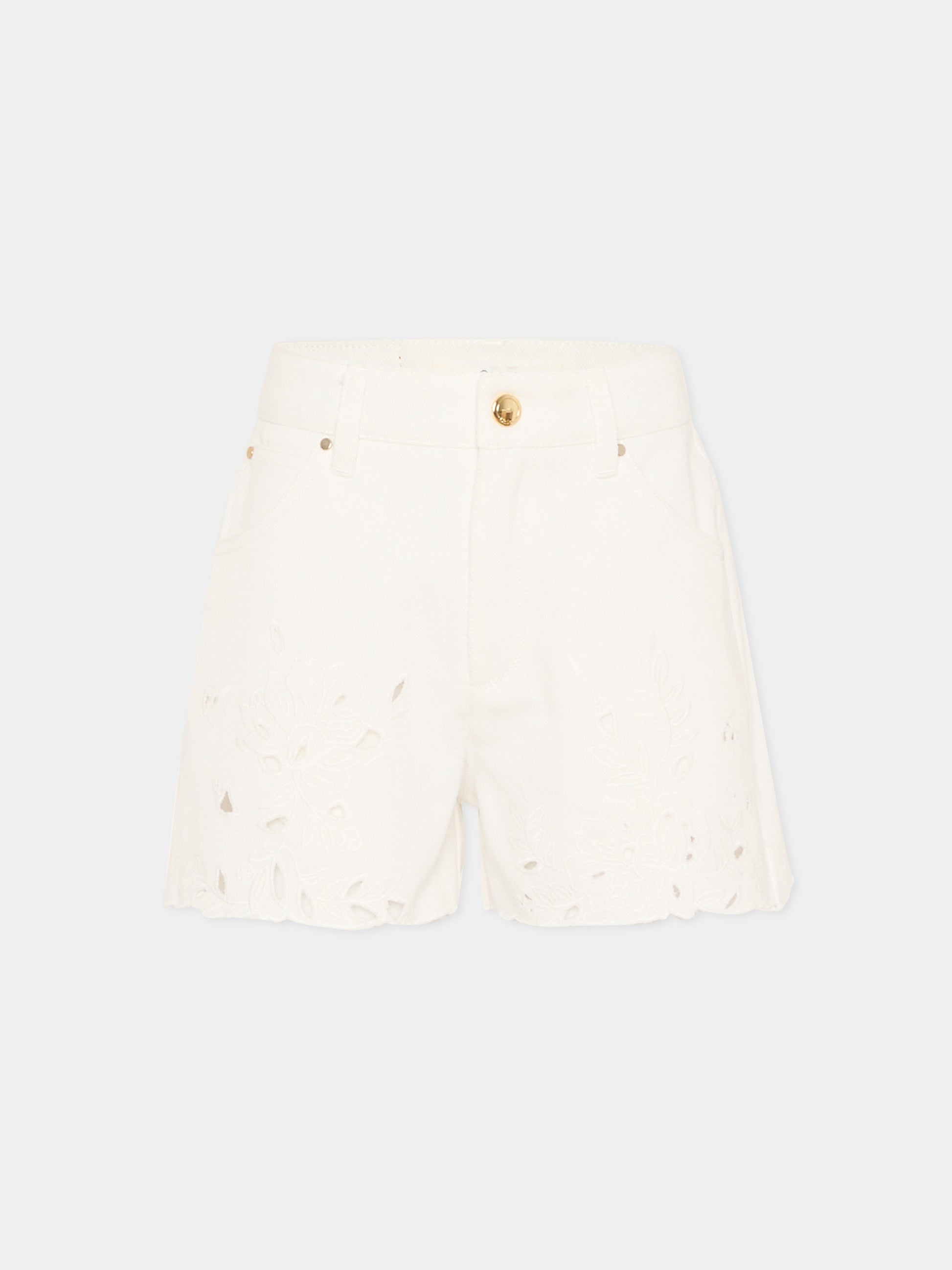 Shorts bianchi per bambina con ricamo floreale,Chloé Kids,C20848 117