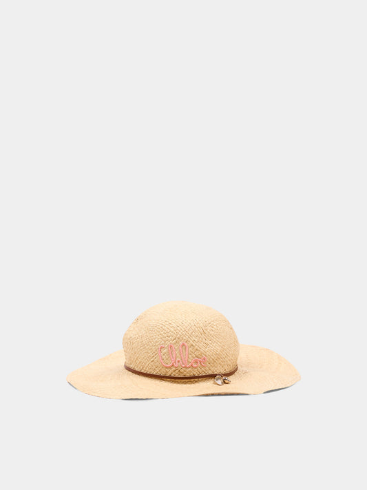 Cappello di paglia beige per bambina con logo,Chloé Kids,C20868 43A