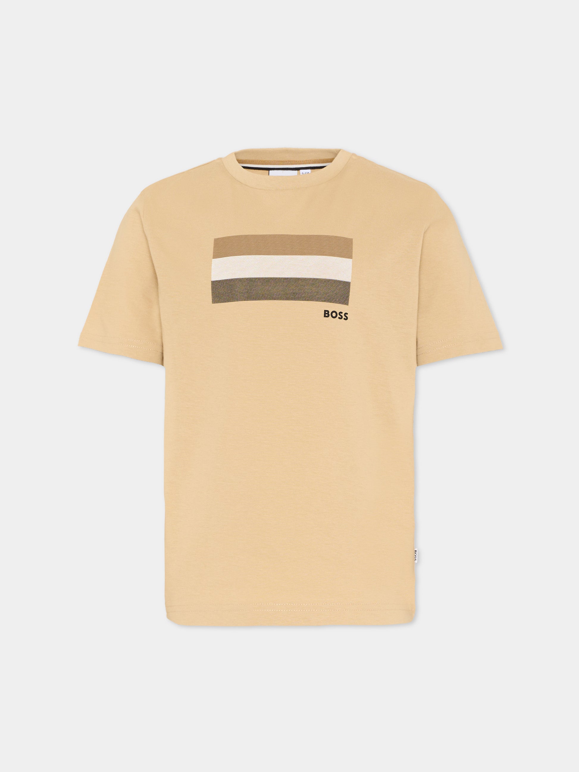 T-Shirt beige per bambino con bande logo,Boss,J52979 249