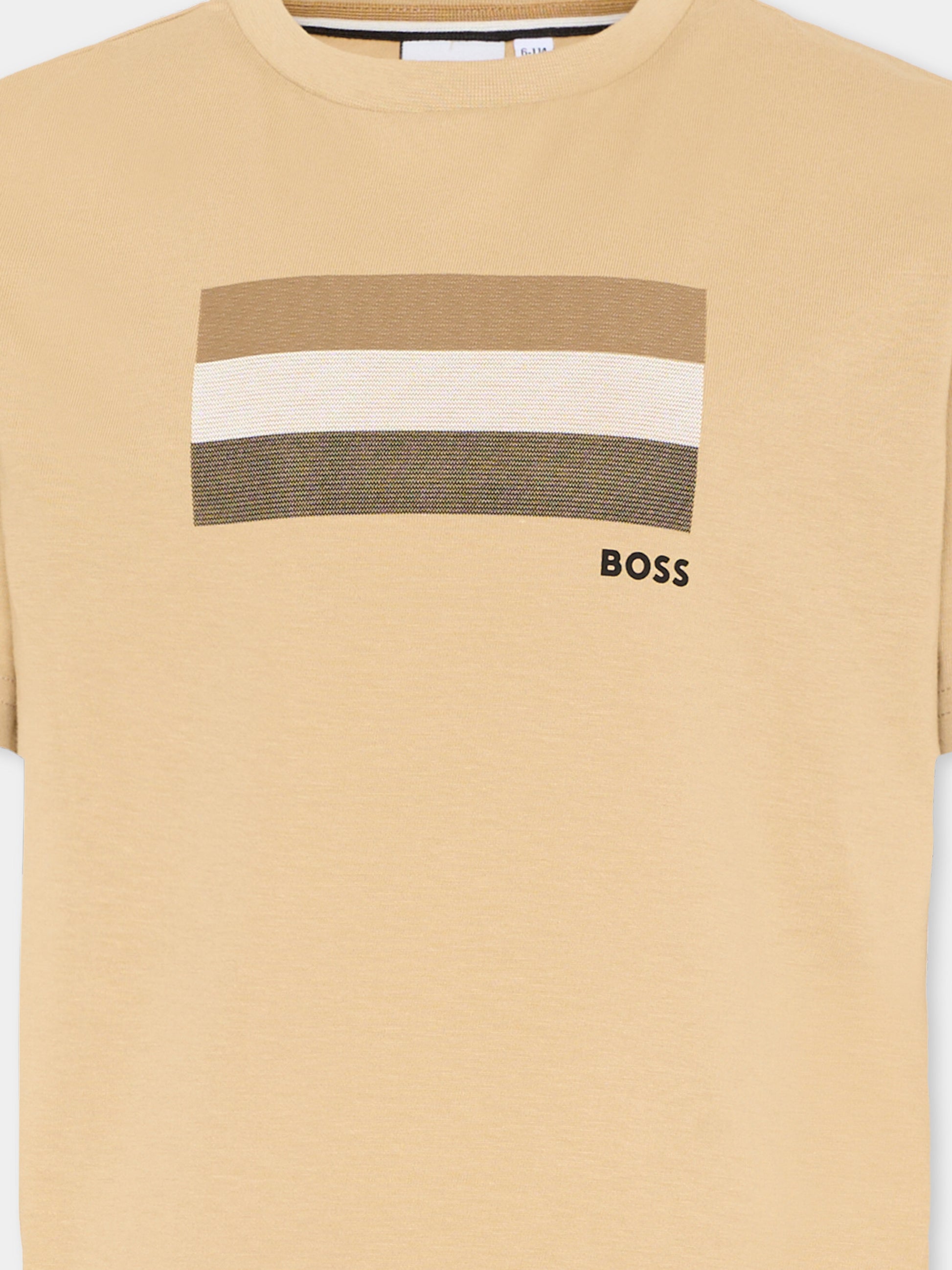 T-Shirt beige per bambino con bande logo,Boss,J52979 249