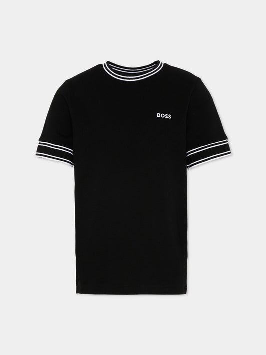 T-Shirt nera in piqué per bambino,Boss,J52981 09B
