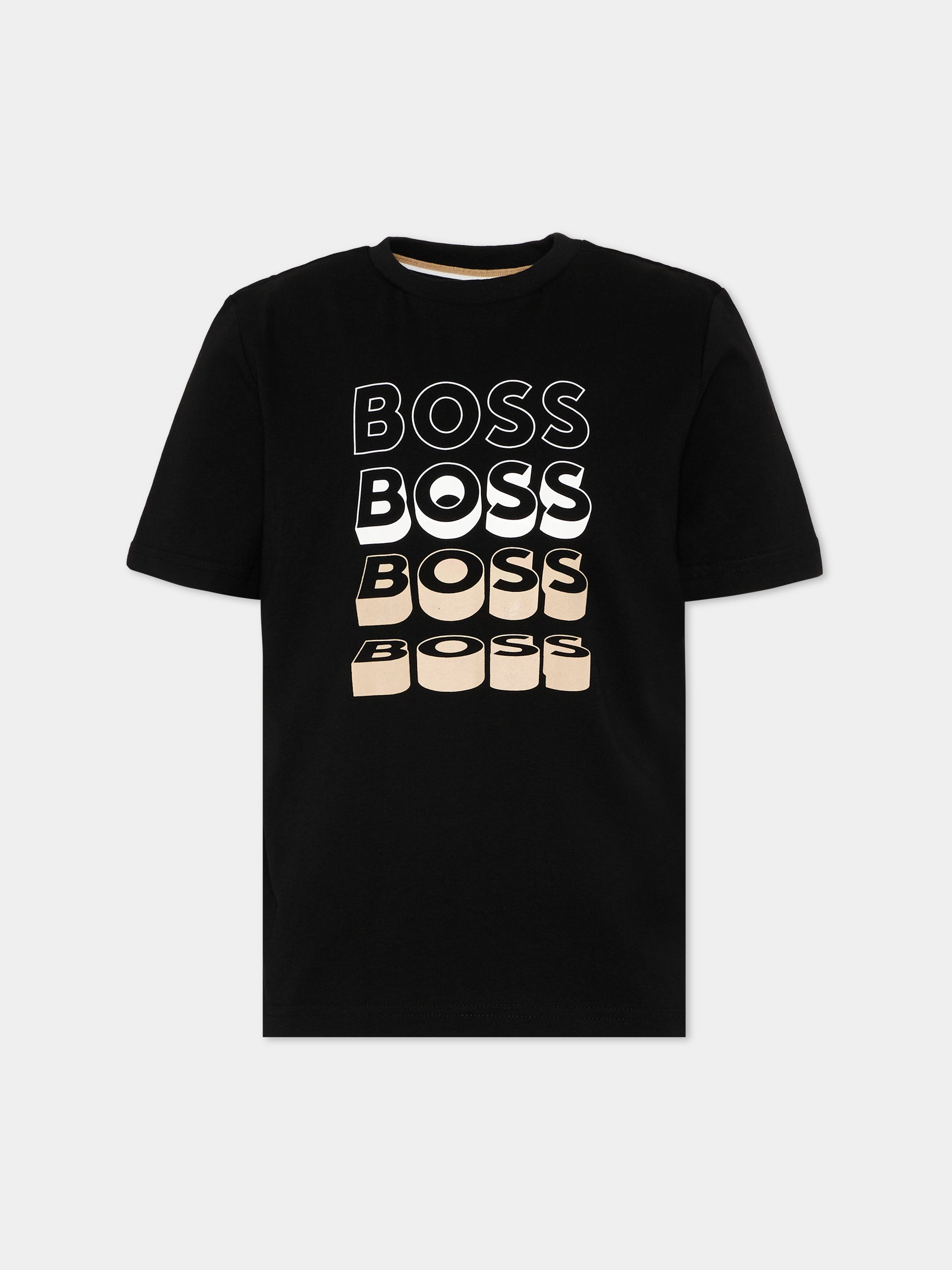T-Shirt nera con logo frontale per bambino,Boss,J52982 09B