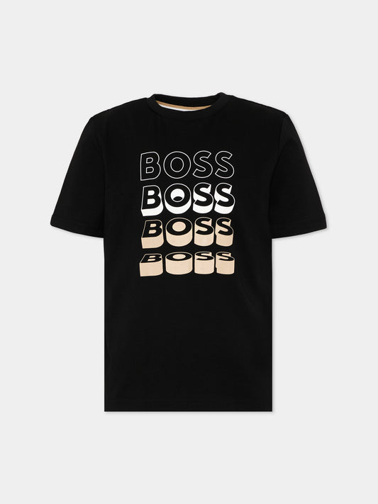T-Shirt nera con logo frontale per bambino,Boss,J52982 09B