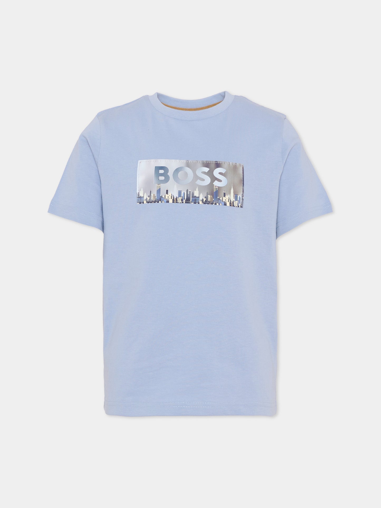 T-shirt blu per bambino con logo e grattacieli,Boss,J52989 057