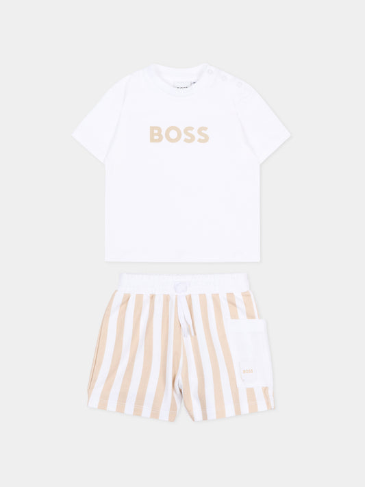 Completo sportivo beige per neonato a righe,Boss,J53048 249
